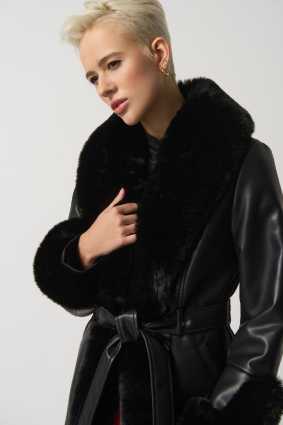 Joseph Ribkoff 233927 Black Leatherette Coat With Faux Fur