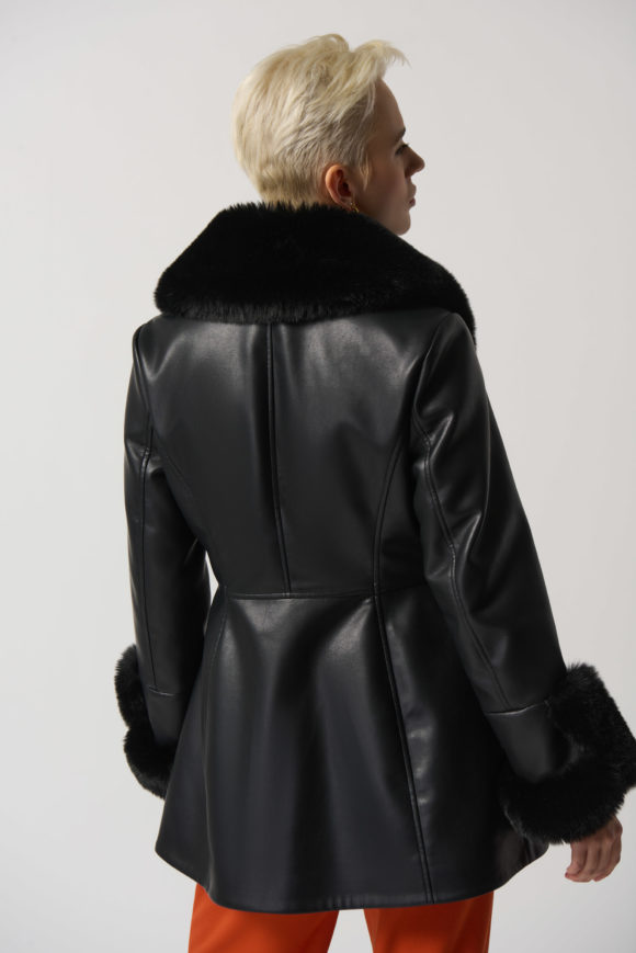 Joseph Ribkoff 233927 Black Leatherette Coat With Faux Fur